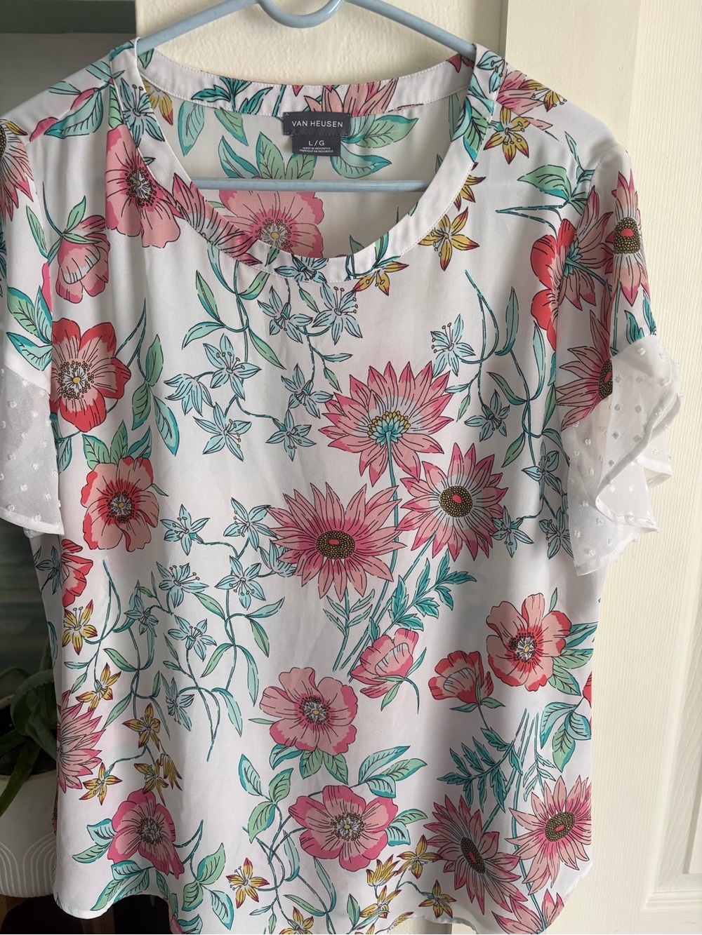 Van Heusen White Floral Short Sleeve Blouse with Pink & Teal Print